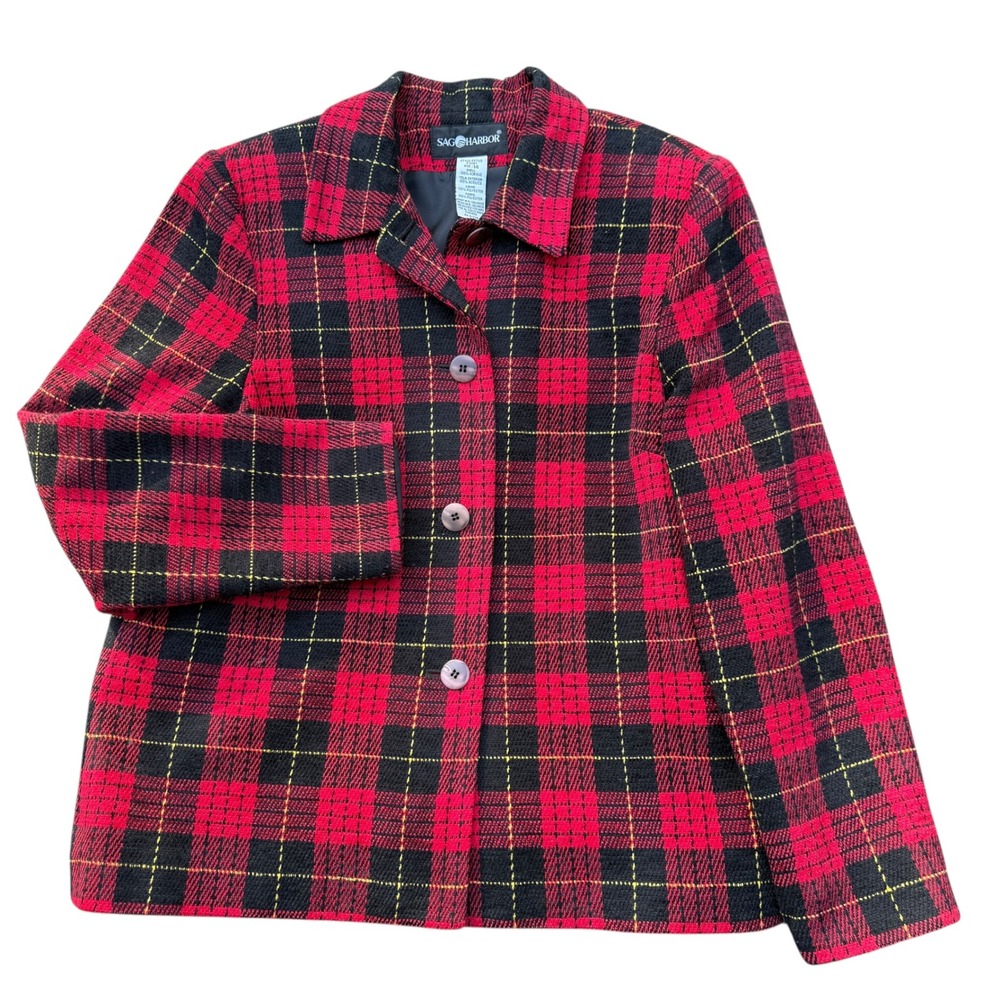 VTG Sag Harbor Red Tartan Plaid Jacket 14 Button Front Lined 90s Classic Preppy